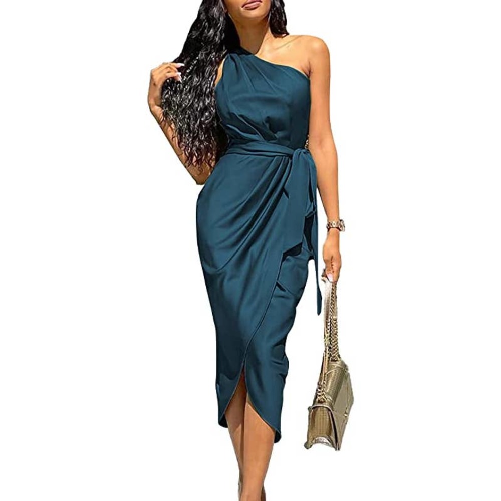 PRETTYGARDEN Women's Ruched Dress Asymmetrical Sleeveless Belted Cocktail Dress